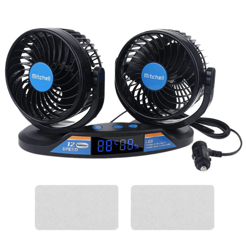Dual Head 12V Car Fan 12 Speeds 360 Rotatable with Temperature Humidity Display LX9B: Blue