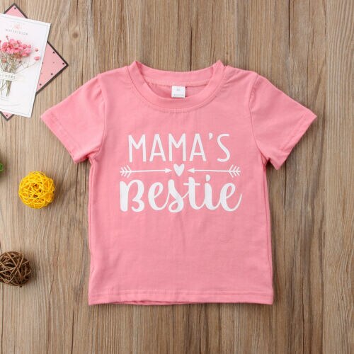 Zomer Leuke Casual Brief Print Roze Katoen Zacht Peuter Kids Baby Girl Korte Mouw Mama Bestie T-shirt Tees Tops Kleding
