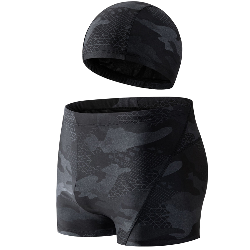 Men Teens Quick Dry 2pcs Set Swimming Trunks Swimming Pool Swimwear Bathing Suit Male Beach Boxer Swimsuit Shorts With Cap/Hat: XXXL / Dark Grey