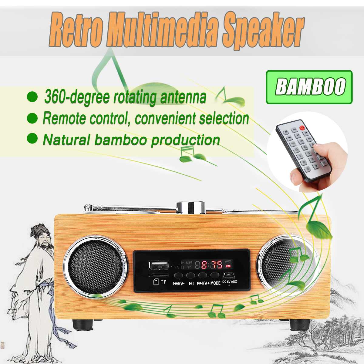 Retro Vintage Radio Super Bass FM Radio Bamboo Multimedia Speaker Classical Receiver USB With MP3 Player Remote Control