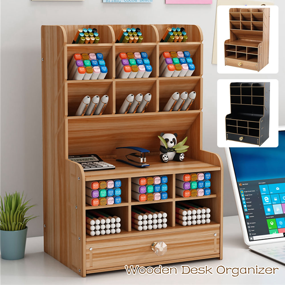 Desk Organizer Multi-Functional Wooden DIY Pen Holder Ox Desktop Stationary Home Holder Office Desktop Storage Shelf