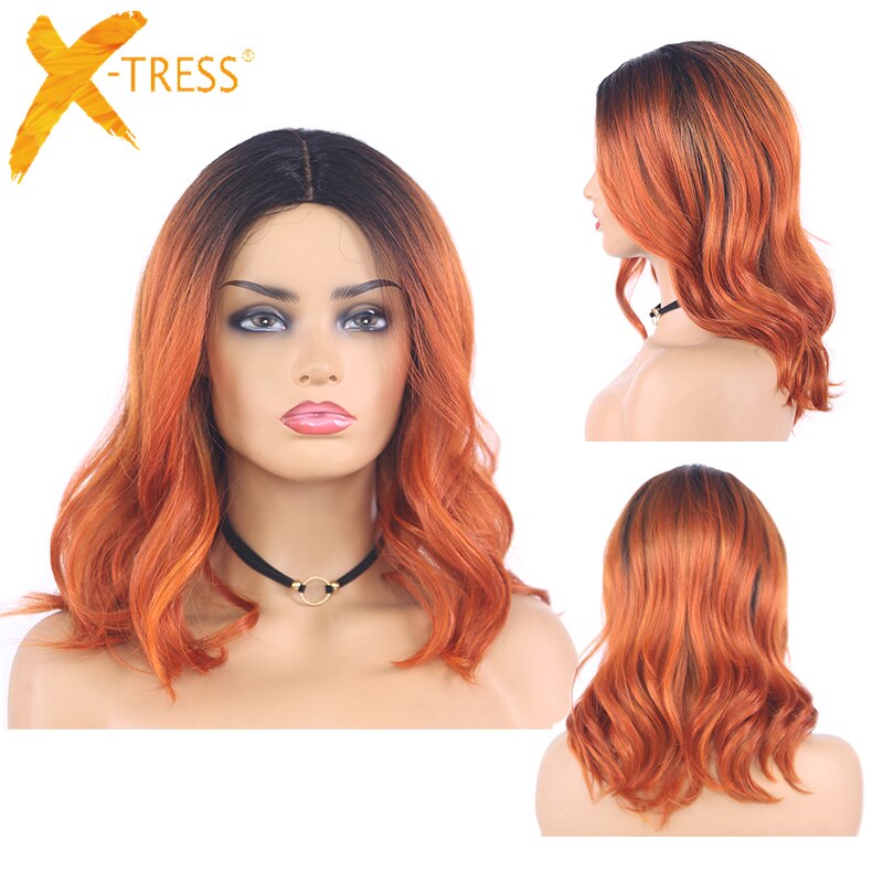 Ombre Ginger Colored Natural Wave Synthetic Lace Wigs Gray Brown Orange X-TRESS Shoulder Length Bob Hair Wigs For Black Women