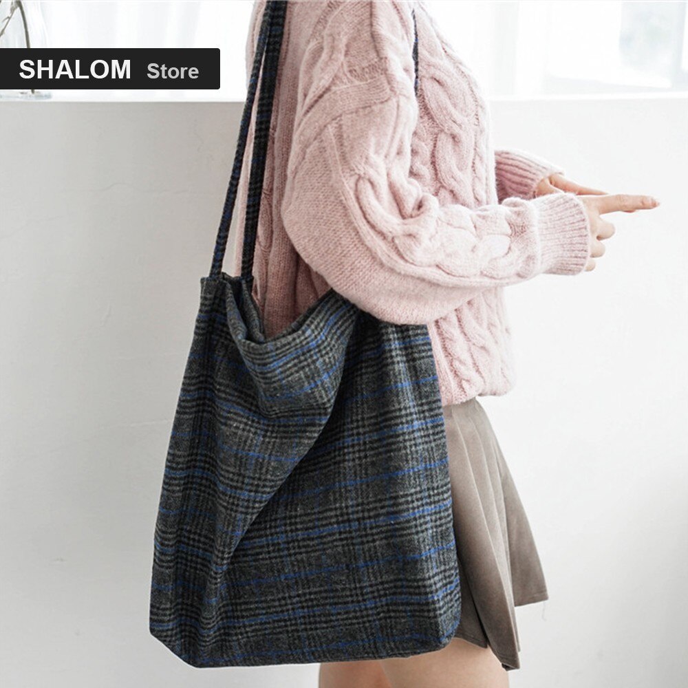 Arrivals Women Woolen Canvas Shoulder Bag Ladies Vintage Plaid Handbag Totes Female Cotton Wool Cloth Shopping Bags