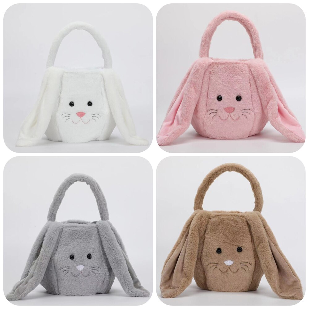 1PC Cute Easter Bunny Basket Long Ear Plush Handbag Egg Candy Baskets Party Decoration For Kids Round Bottom Tote Bag