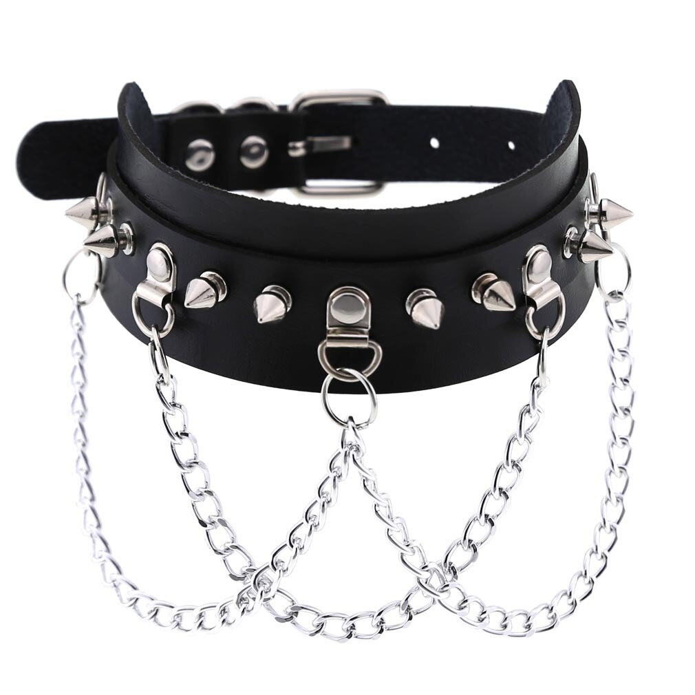 Gothic exaggerated PU leather collar necklace punk metal chain neckband clavicle chain spiked choker big spike choker: Black