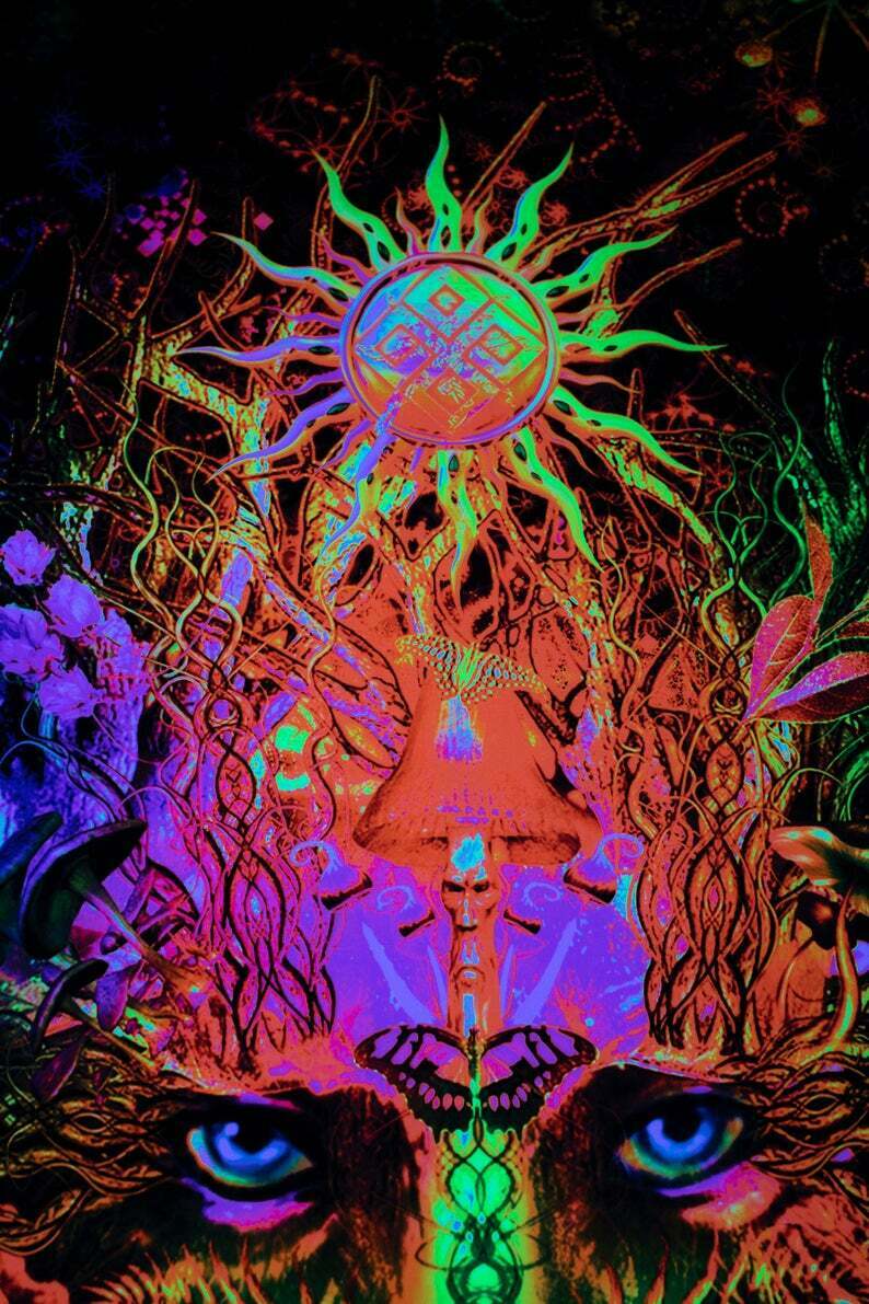 Psychedelic wall tapestry, Uniqued Art Nature Custom Fluorescent Glow Psytrip