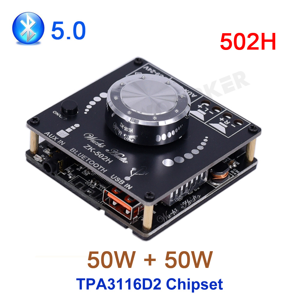 Bluetooth 5.0 TPA3116D2 cyfrowy płyta wzmacniacza Audio zasilania wzmacniacz Stereo kino domowe AUX 502H 1002M 502M 100 wx2 50 wx2: Black
