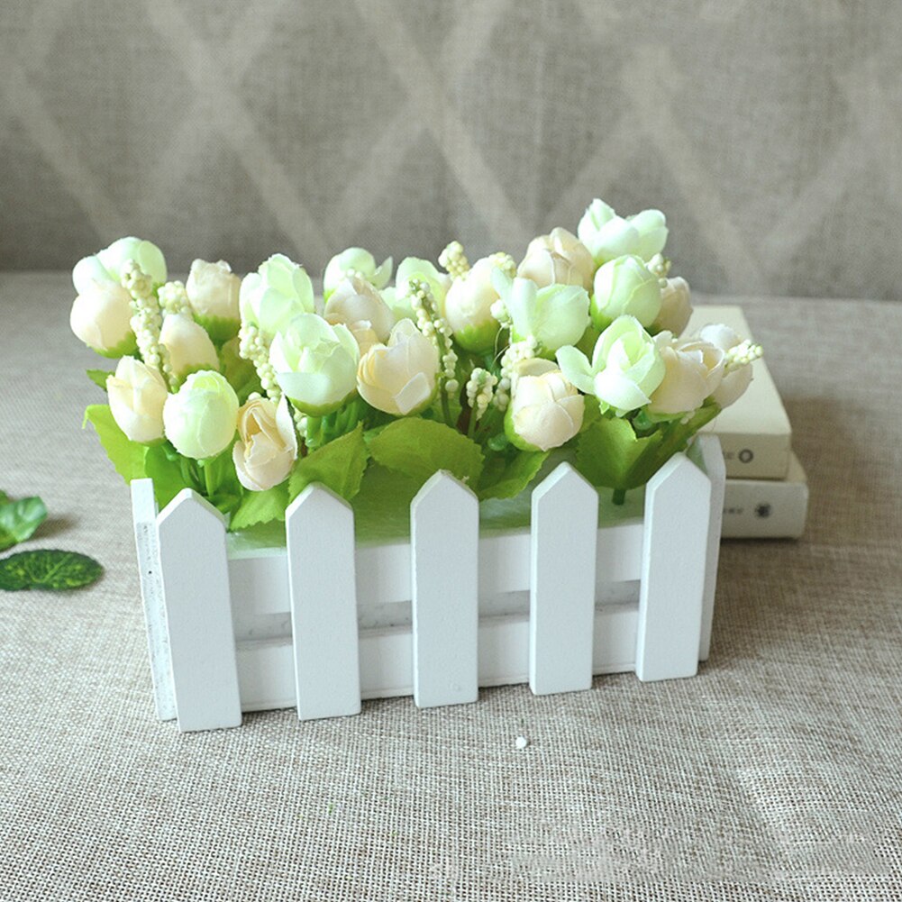 1 Set Wooden Fence Vase + Flower Rose And Daisys Silk Artificial Flowers Home Decoration Garden Decor Birthday