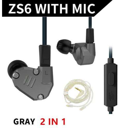 Kz ZS6 Grey Kleur 2DD + 2BA Hybrid In Ear Oortelefoon Hifi Dj Monito Running Sport Oortelefoon Oordopje Headset Metalen oordopjes Kz AS10: mic silver cable