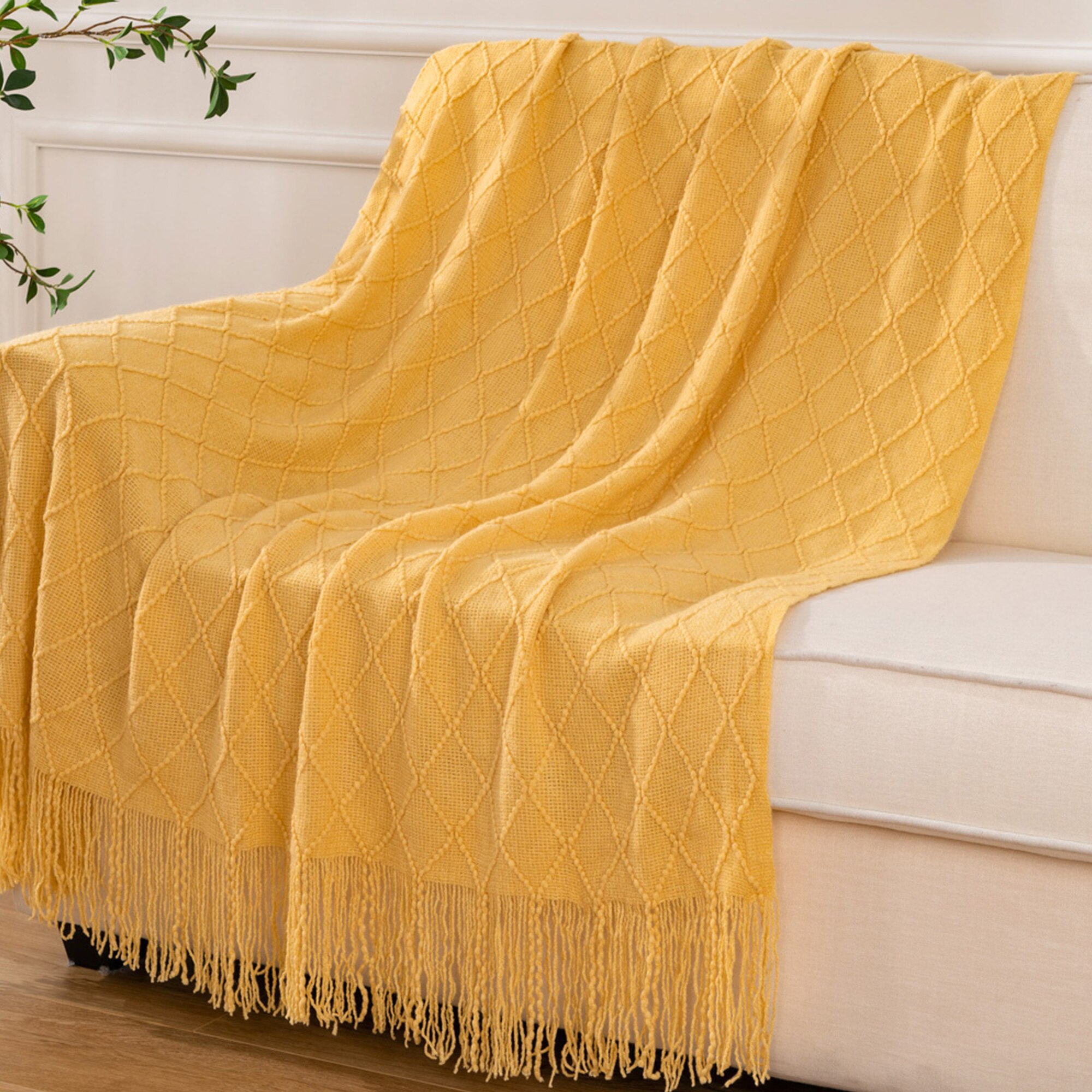 100% Acrylic Knitted Blanket Soft Red Throw Blanket with Tassels Cozy Light Solid Color bedding Blanket: Yellow / 127x152cm