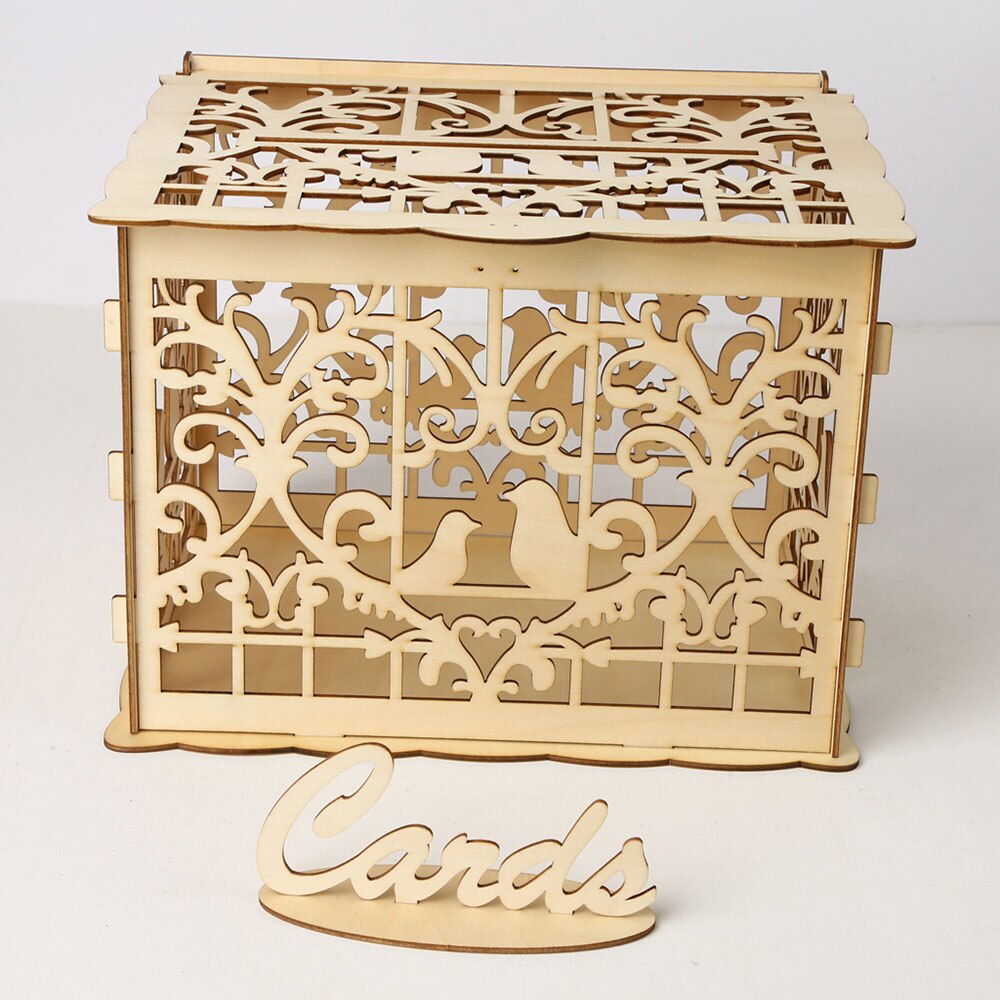 Houten doos voor trouwkaarten, bruiloftbenodigdheden, doe-het-zelf, paar, hert, vogel, bloemenpatroon, raster, visitekaartje, houten doos: Jm01369 grote