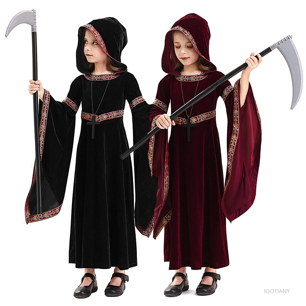 Traje de halloween traje da morte das crianças medieval retro gótico vampiro com capuz bruxa saia longa carnaval festa role play vestido