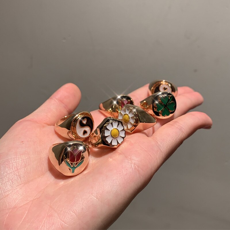 Emaille Yin Yang Tai Chi Ringe für Frauen Gold Silber Farbe Herz Geometrische Metall klobig Ringe modisch Schmuck