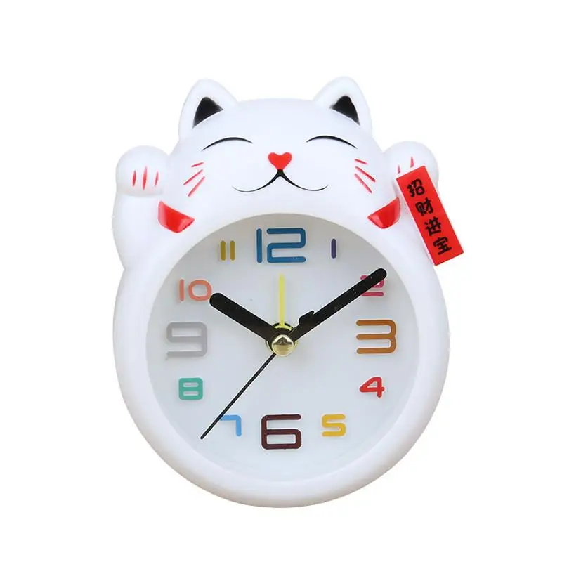 Reloj despertador de gato de la suerte, Mini decoración de mesa, plástico bonito para estudiantes: Blanco