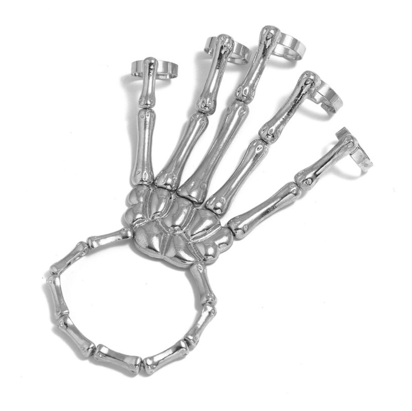 Gothic-stil für #39 : elastisches, verstellbares armband mit skeletthand-motiv – punk-halloween-schmuck: Silber