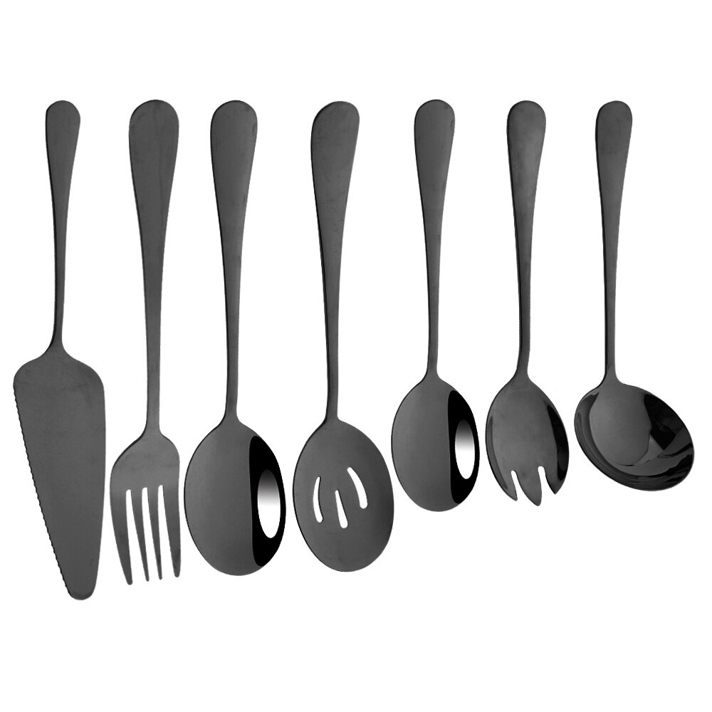 7Pcs Gold Stainless Steel Dinnerware Set Soup Spoon Colander Spoon Service Spoon Salad Fork Cake Spatula Kitchen Home Tableware: Black