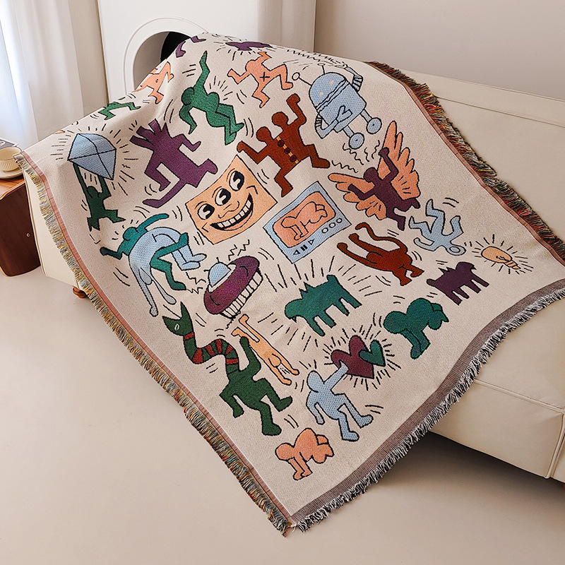 Gooi deken Cartoon bankhoes Dubbel gebruik Bedden Dekens Picknickmat met kwastje Slaapbank Universeel Decoratief: 100x150cm / green