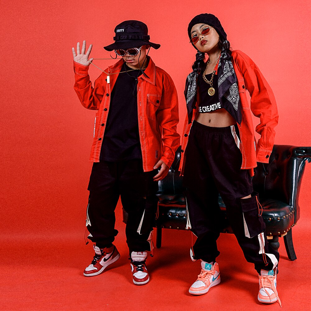 Dziewczyny Jazz nowoczesny taniec kostiumy odzież garnitury dzieci dzieci Hip Hop czerwona koszula Seatpants stroje kostiumy sceniczne DQS3281
