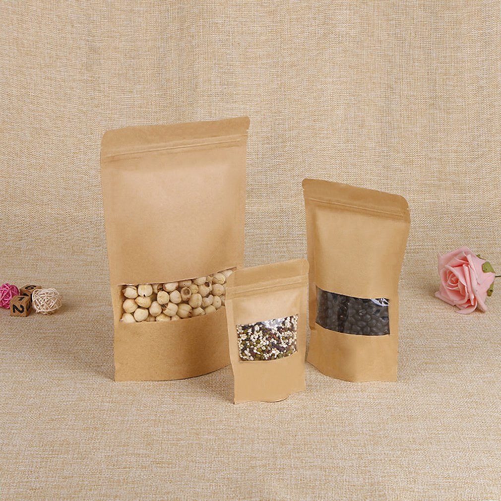 Reusable Kraft Paper Bag with Frosted Window Stand Up Pouch Bag with Tear Notch Moisture Proof Packaging