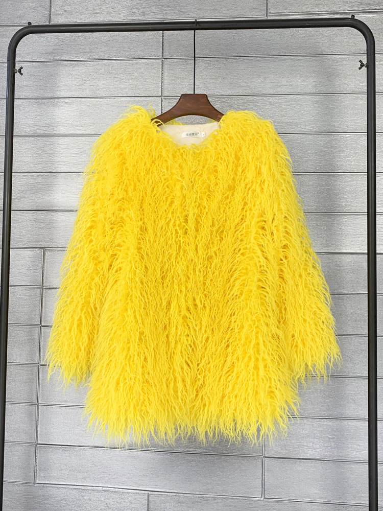 Casaco de pele do falso estilo coreano sólido mid-length rosa mongólia casacos de pele de ovelha para as mulheres inverno do vintage quente casaco de pele artificial: XXL / YELLOW