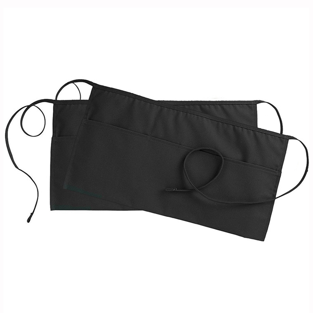 Black Waterproof Half Apron Catering Baking Bar Hotel Waiter Kitchen Home Apron 3 Pocket Ladies Mens Cotton Short Waist Chefs