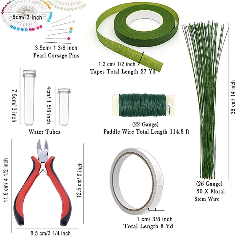 ! Flower Arrangement Tool Kit,Green Florist Ribbon, Floral Wire, Wire Cutter, Ball Head Pins for Bouquet Stem Wrap Flor