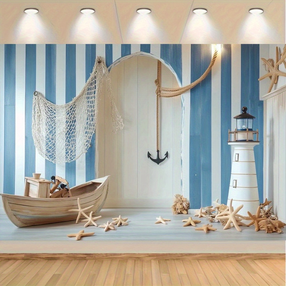 Nautical theme party background | wooden boat, lighthouse and starfish polyester, nautical decoration