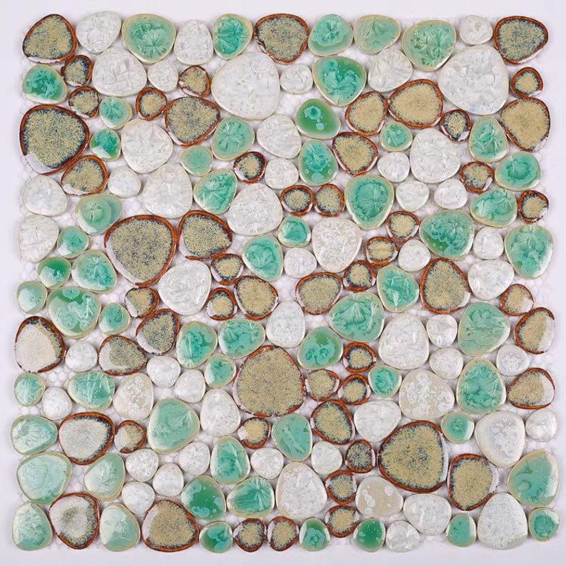 Glazed Green Beige Brown White Pebble Ceramic Mosaic PPMTAJ15 Swimming Pool Porcelain Tile Backsplash Kitchen