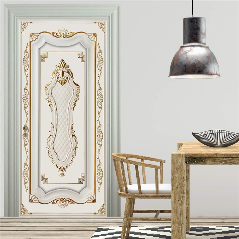 PVC Door Sticker European Style 3D Stereo Golden Gypsum Pattern Wallpaper Living Room Hotel Background Wall Decor 3D Home Poster