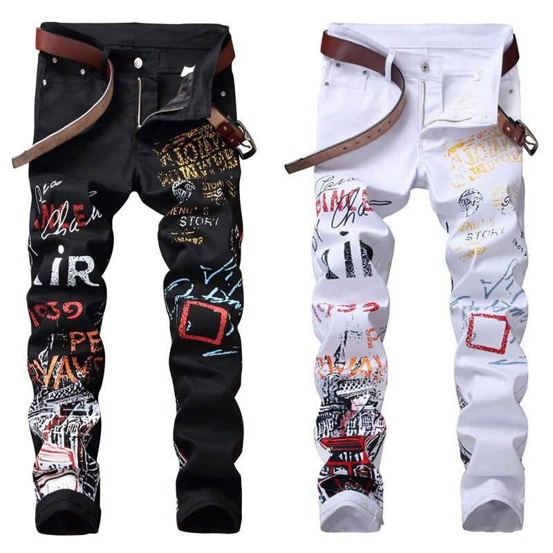 2021New Mens Jeans Night Club Black White Color Personal Printed Jeans Men Punk Pants Skinny Hip Hop Jeans