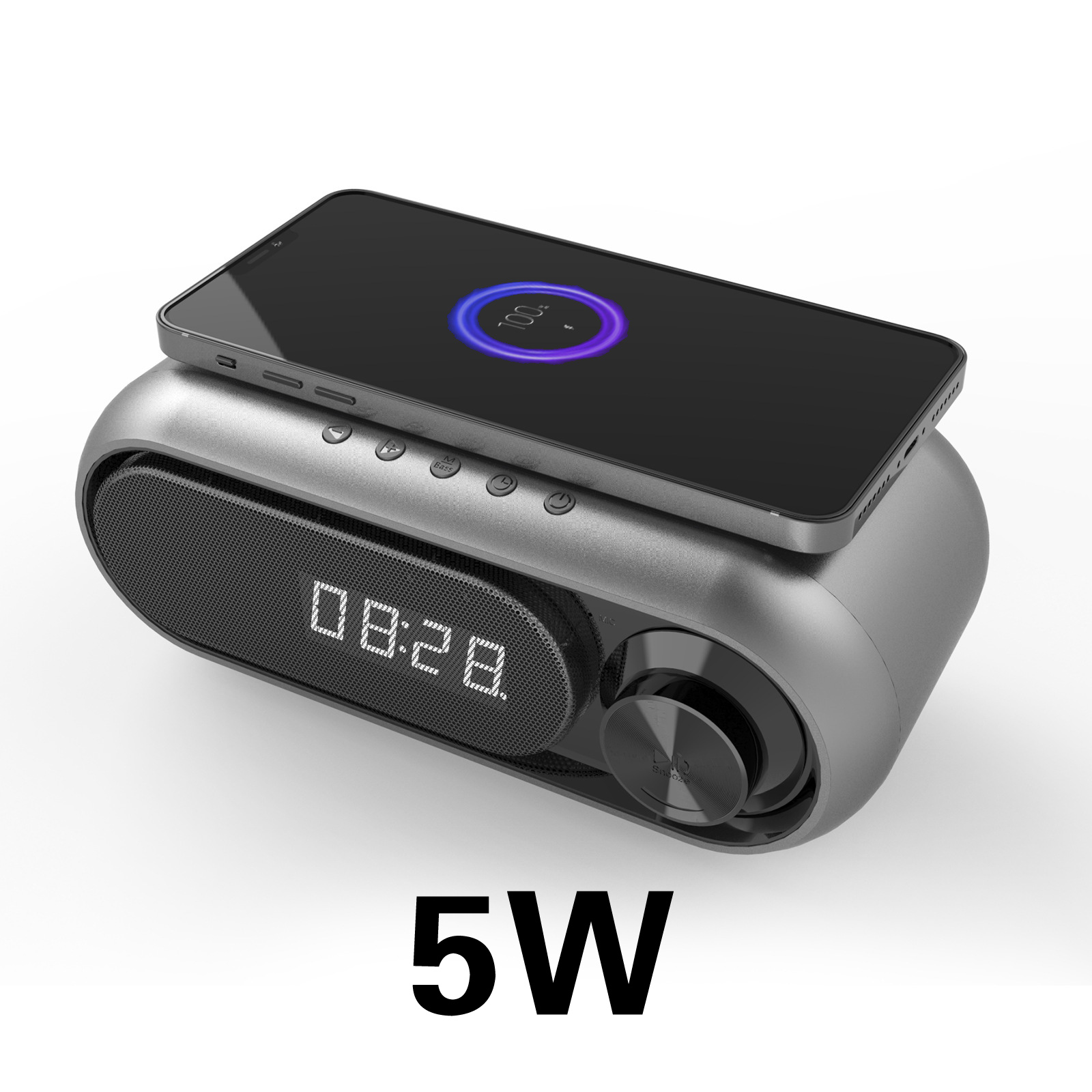 Draadloze Bluetooth Speaker Opladen Led Klok Alarm Fm Radio Tf Card Speaker Met Draadloze Oplader: Grey-5w