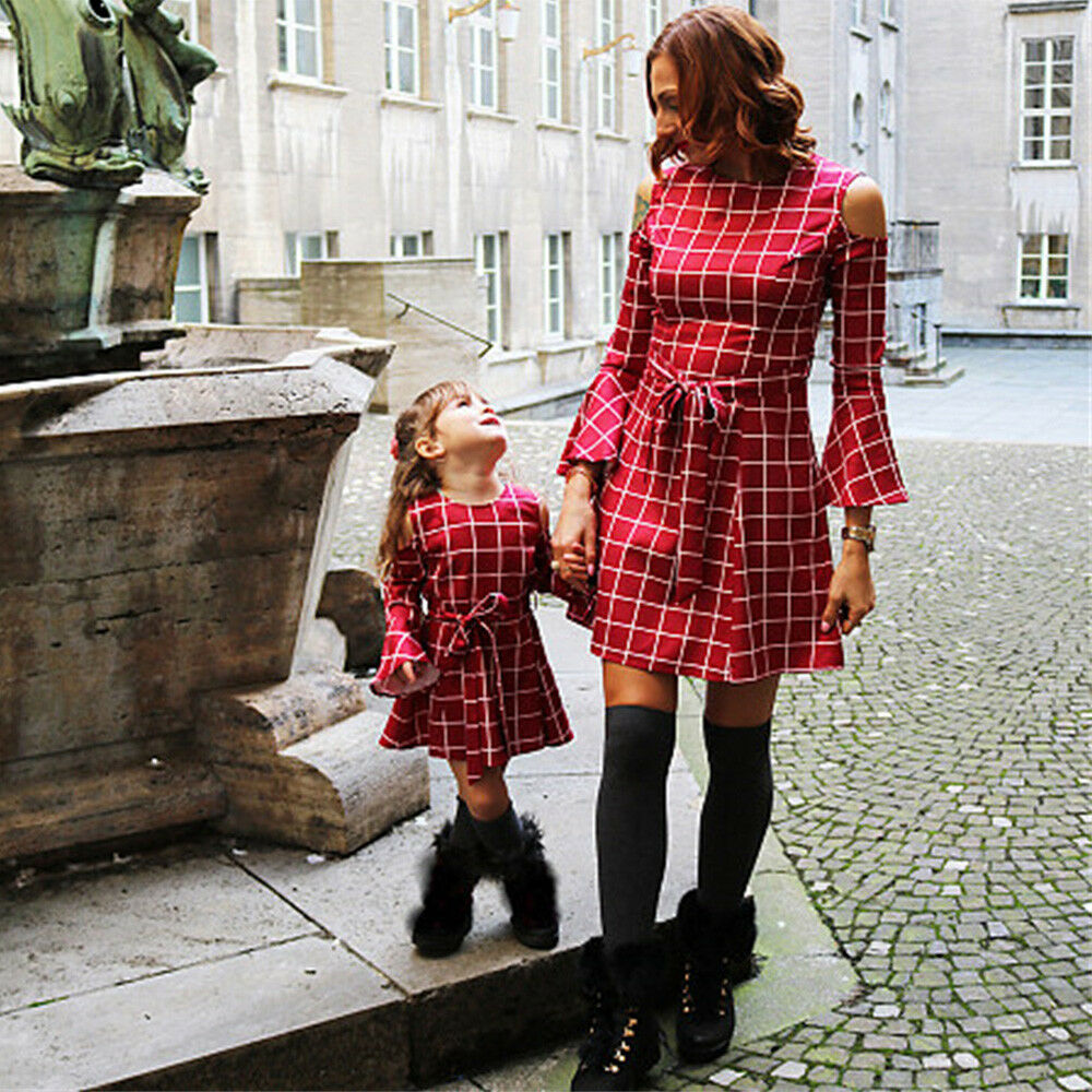 Familie kjole mor og datter matchende røde plaid kjoler mor børn piger damer tøj tøj kjoler s -xl 3-8 år