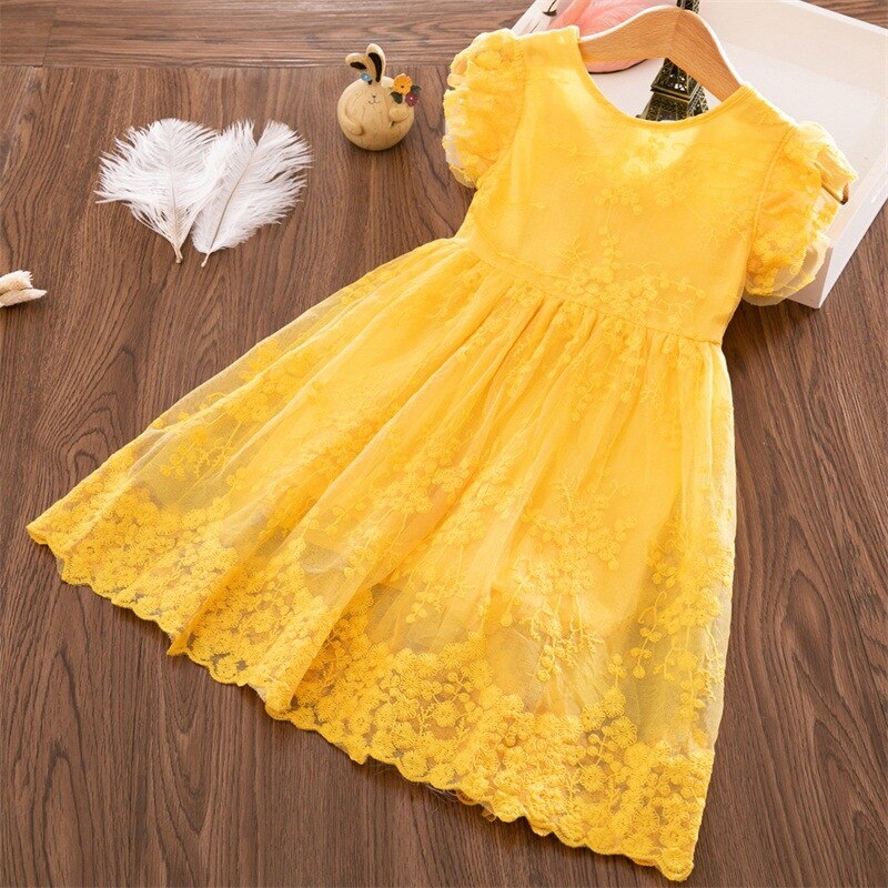 Vestidos para niñas con bordado de flores y encaje, vestido de princesa informal, vestidos amarillos sin mangas de verano para niñas de 2 a 7 años: 5