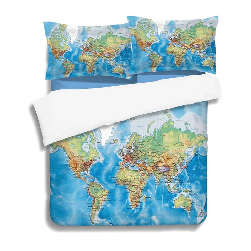 Blauwe wereldkaart beddengoedset met bedrukt dekbedovertrek met kussensloop, twill queen king huishoudtextiel, eenpersoonsmaten 3 stuks