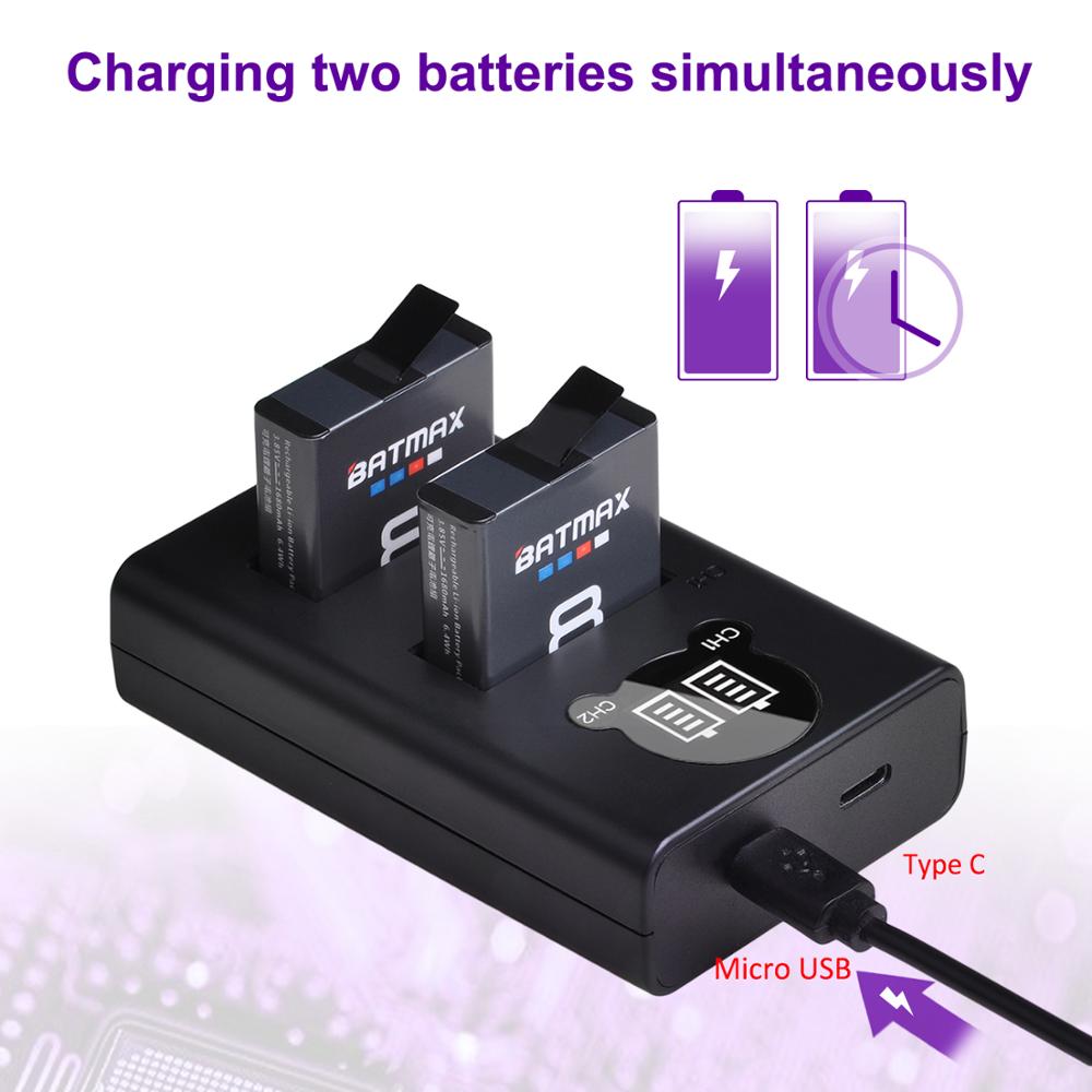 Batmax til gopro hero 8 hero 7 hero 8 6 hero 5 sort batteri akkus + usb lcd -oplader type c til go pro hero 8 kameraer