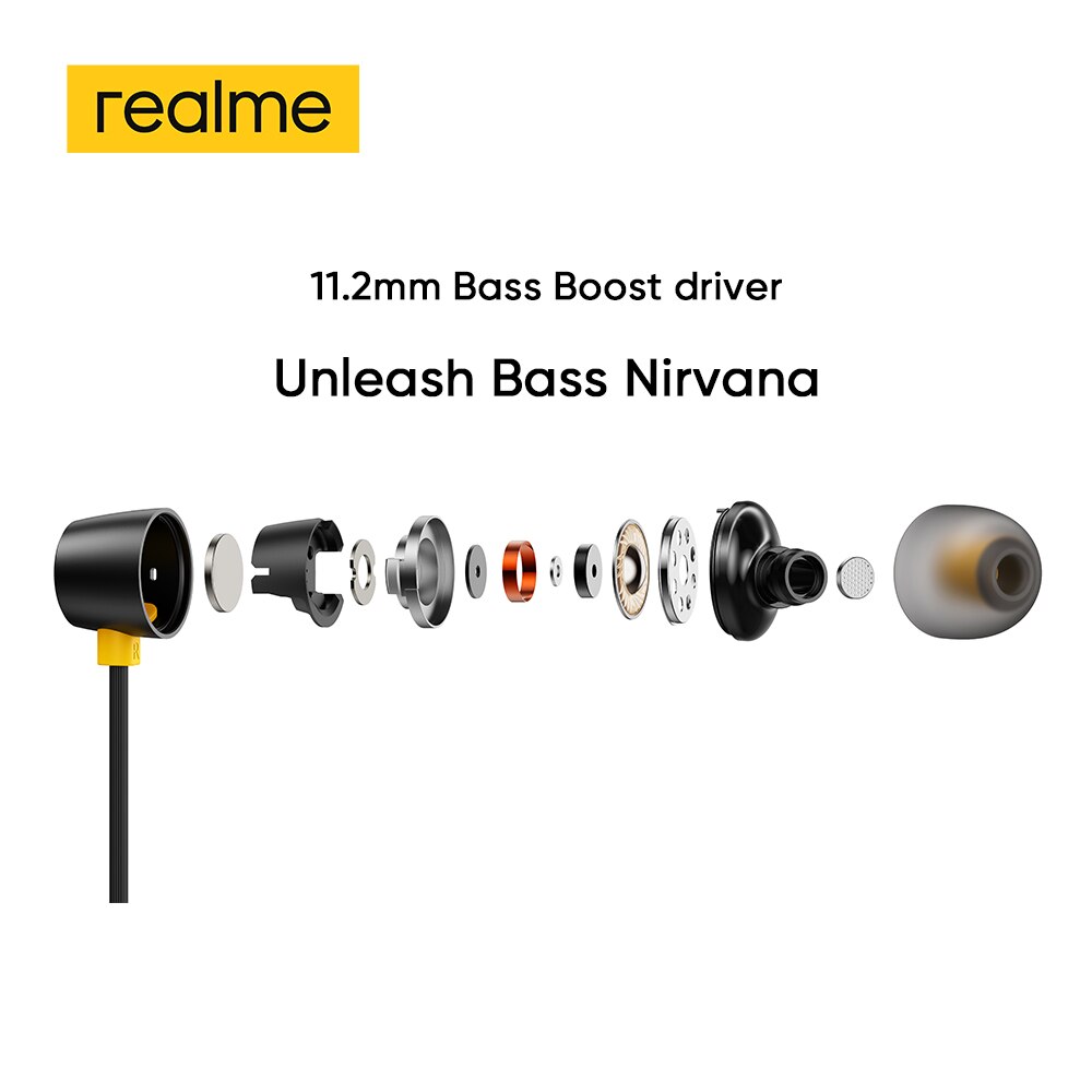 Realme buds 2 zwart bedraad -3.5mm oordopjes 3-- knops afstandsbediening met microfoon ingebouwde magneten klitvrije android-telefoon realme 6 pro