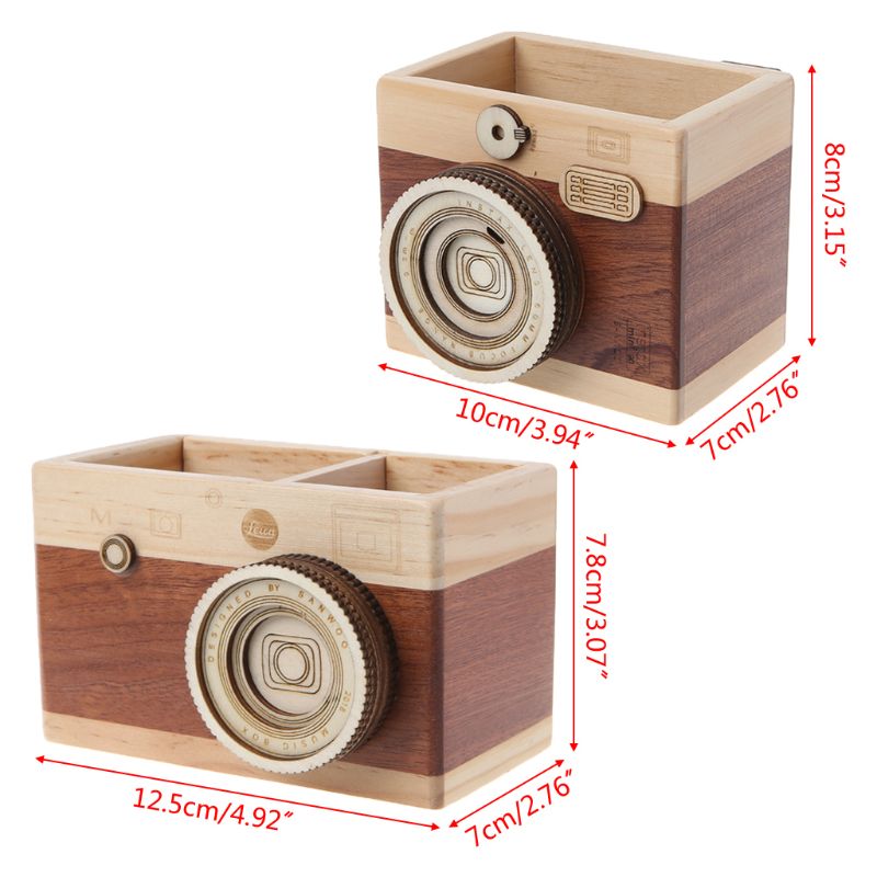 Camera Shaped Wooden Pen Pencil Case Holder Stand Desktop Sundries Storage Wood Box