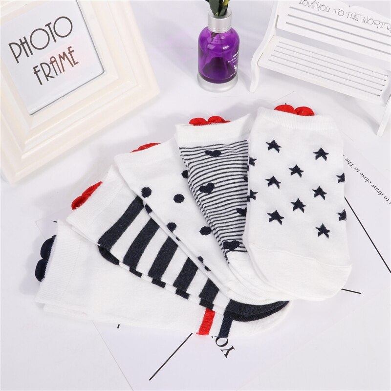 5Pairs Arrivl Women Cotton Socks Pink Cute Cat Ankle Short Casual Animal Ear Red Heart Gril Dot Stipe Print Soft Socks 35-40