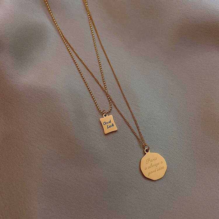 2020 nowy klasyczny projekt goodluck list kwadratowy wisiorek damski naszyjnik moda tytanowy stalowy łańcuszek na szyję podwójny łańcuszek robić obojczyka