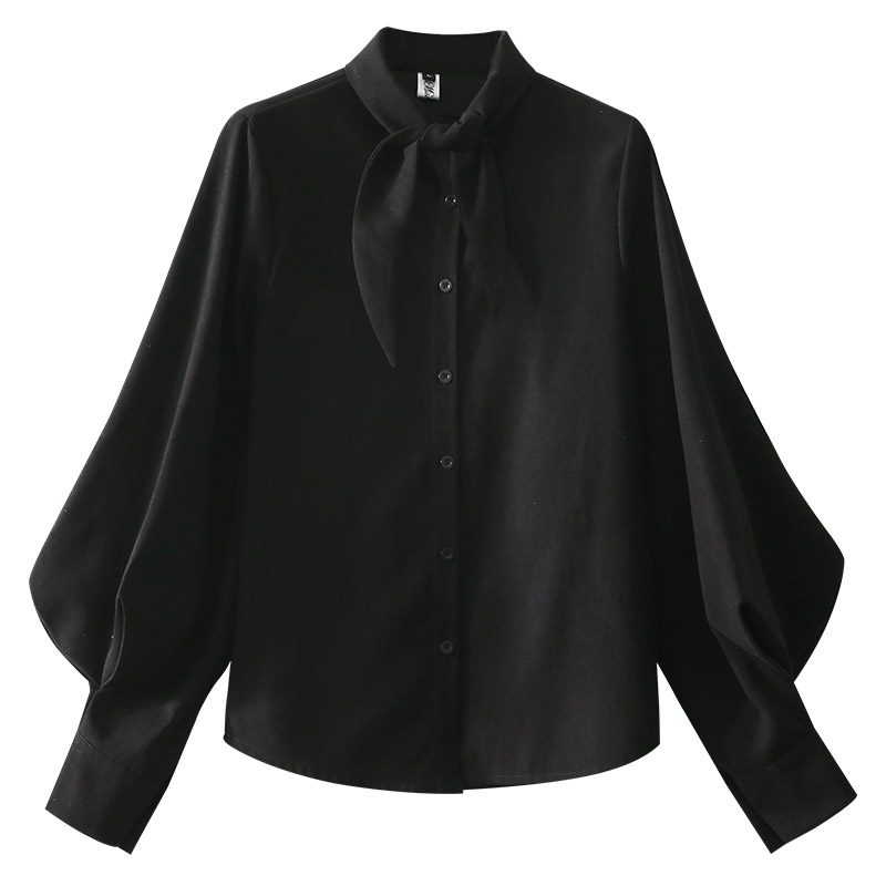 Chemisier décontracté à manches lanternes pour femme, haut à gros nœud et oreilles de lapin, chemise à boutons, coréenne, printemps,: Black / XL