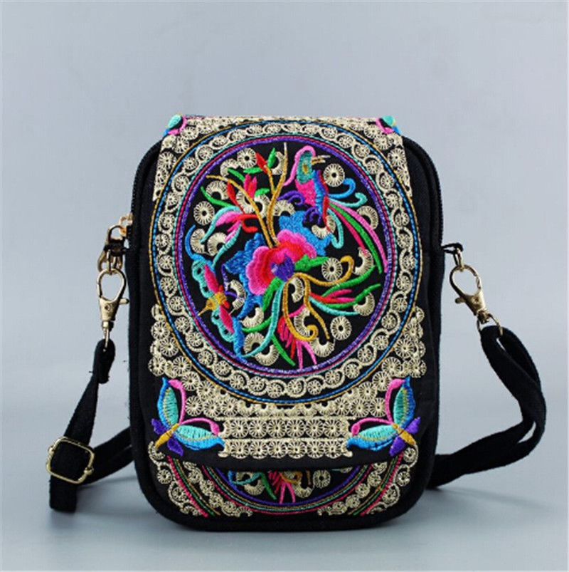 Florals Embroidered Women Chinese Style Shoulder Bag Messenger Crossbody Bag Lady's Purse Bag: Gold