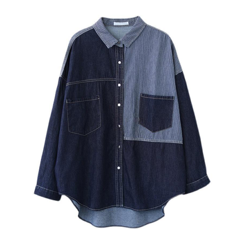 Camisa vaquera de retazos a rayas para mujer, blusa holgada de manga larga con botones que combina con todo, cárdigan informal para primavera y otoño