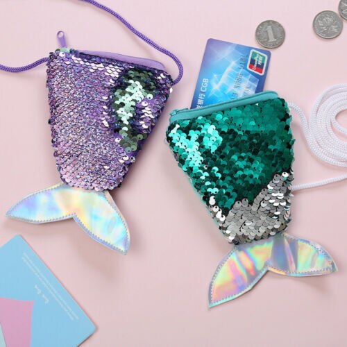 Kids Kleurrijke Lovertjes Mermaid Tail Bag Meisjes Mode Rits Portemonnee Purse Pouch