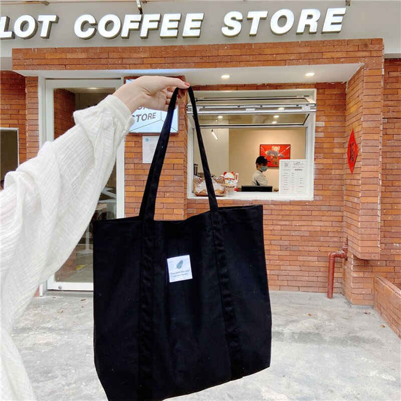 Literature And Art Retro Women's Canvas Shoulder Bag Solid Color Simple Large-Capacity School Bag Outing Lightweight Messenger B: black