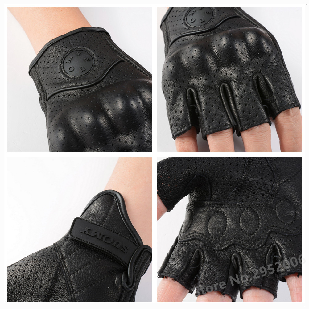 Guantes de moto de medio dedo de verano, guantes sin dedos de cuero negro Retro perforados para motocicleta, guantes sin dedos para Motocross, guantes de montar para hombres y mujeres