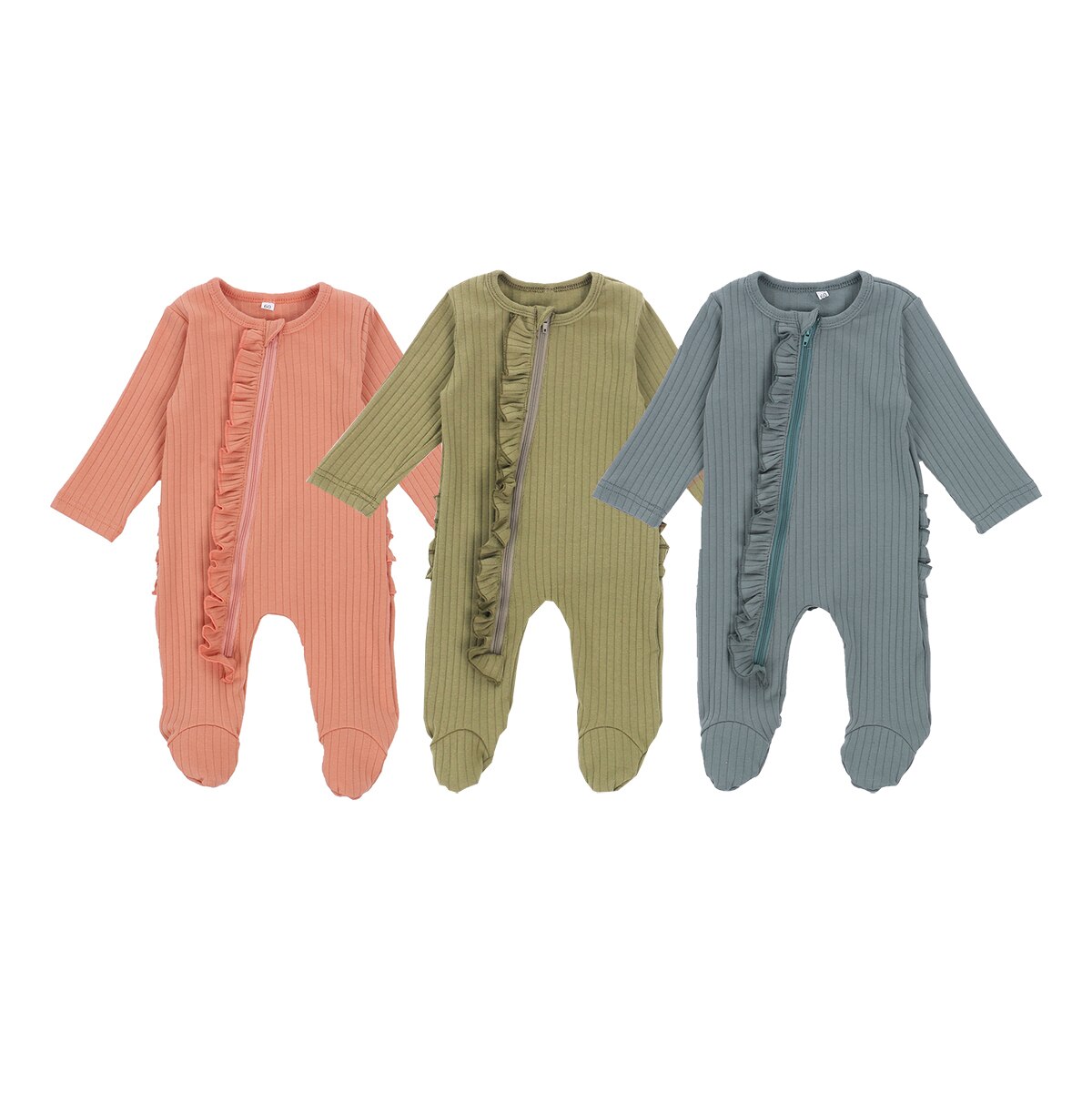 Fall Spring Baby Girls Boys Romper Breathable Infant Long Sleeve Jumpsuit Ruffle Zipper Solid Color Footed Sleepwear 0-6M