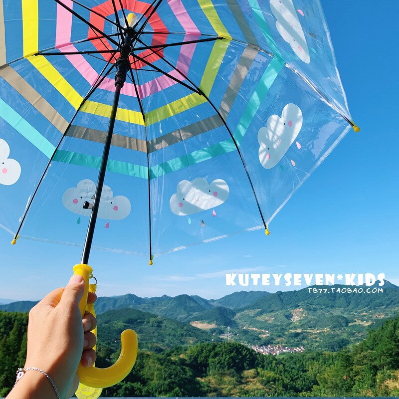 Thick Long Handle Boys And Girls Kindergarten Umbrella Transparent Umbrella Rainbow Umbrella Cloud Safety Children Umbrella