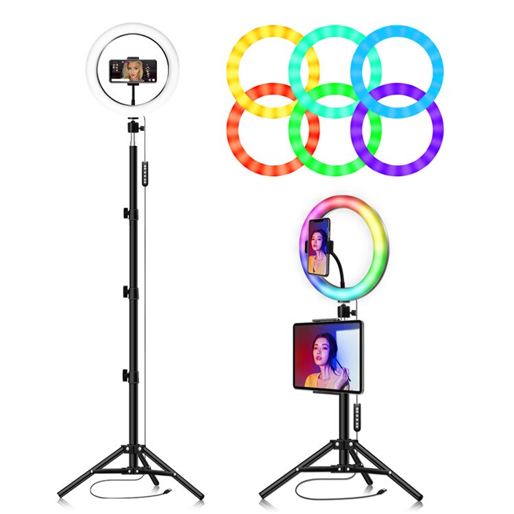 10 Inch Rgb Light Kleurrijke Usb Schoonheid Video Studio Foto Cirkel Lamp Dimbare Selfie Led Ring Licht Met Statief flash Led