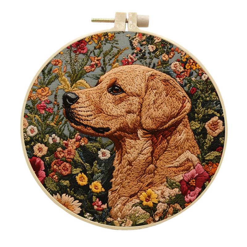 Honden Borduurpakket - Kruissteek met Engelse Instructies, Garen, Naalden - DIY Knutselpakket: 20*20cm / Geel