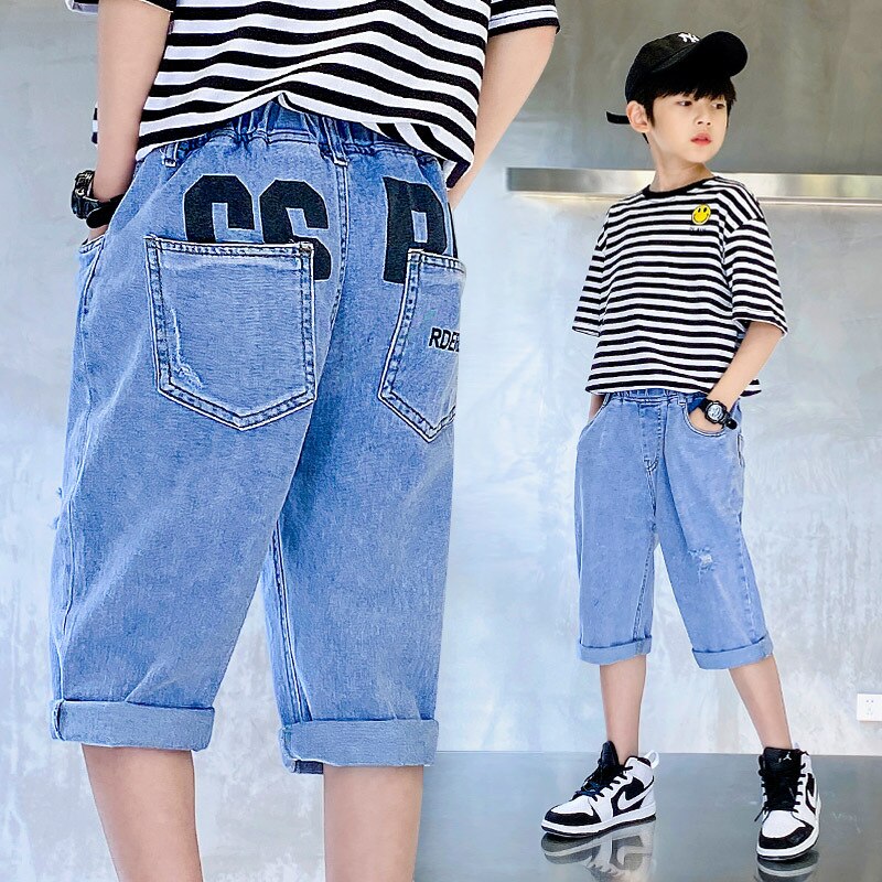 Los niños pantalones vaqueros de niño ropa estampado de letras Jeans azul clásico pantalones niños Denim Pantalones cortos de niño adolescente pantalón corto Casual Pantalones: 160